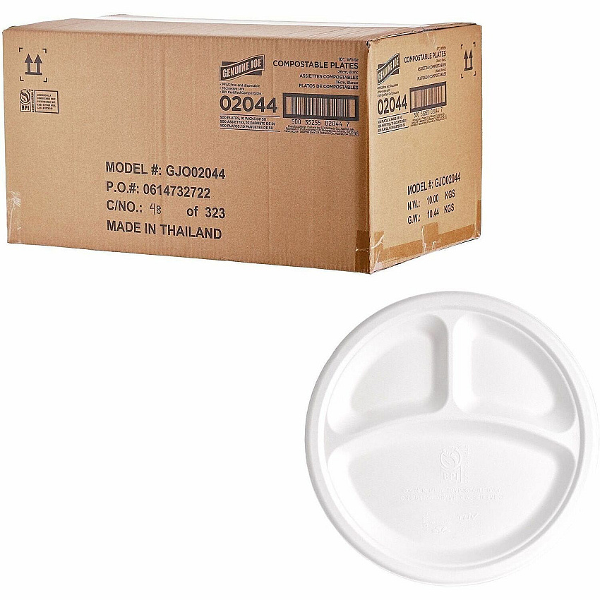 Genuine Joe BPI Certified Compostable Paper Plate Breakroom, Food - Disposable - Microwave Safe - 10" Diameter - White - Sugarcane, Paper Body - 1 Carton (GJO02045)