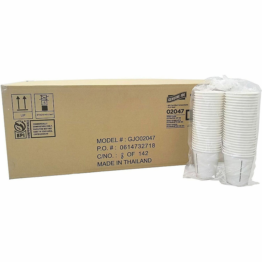 Genuine Joe BPI Certified Compostable Paper Cups 10 fl oz - Leak Proof Closure - White - Paper, Polylactic Acid (PLA) - Cold, Beverage, Breakroom - 1 Carton (GJO02047)