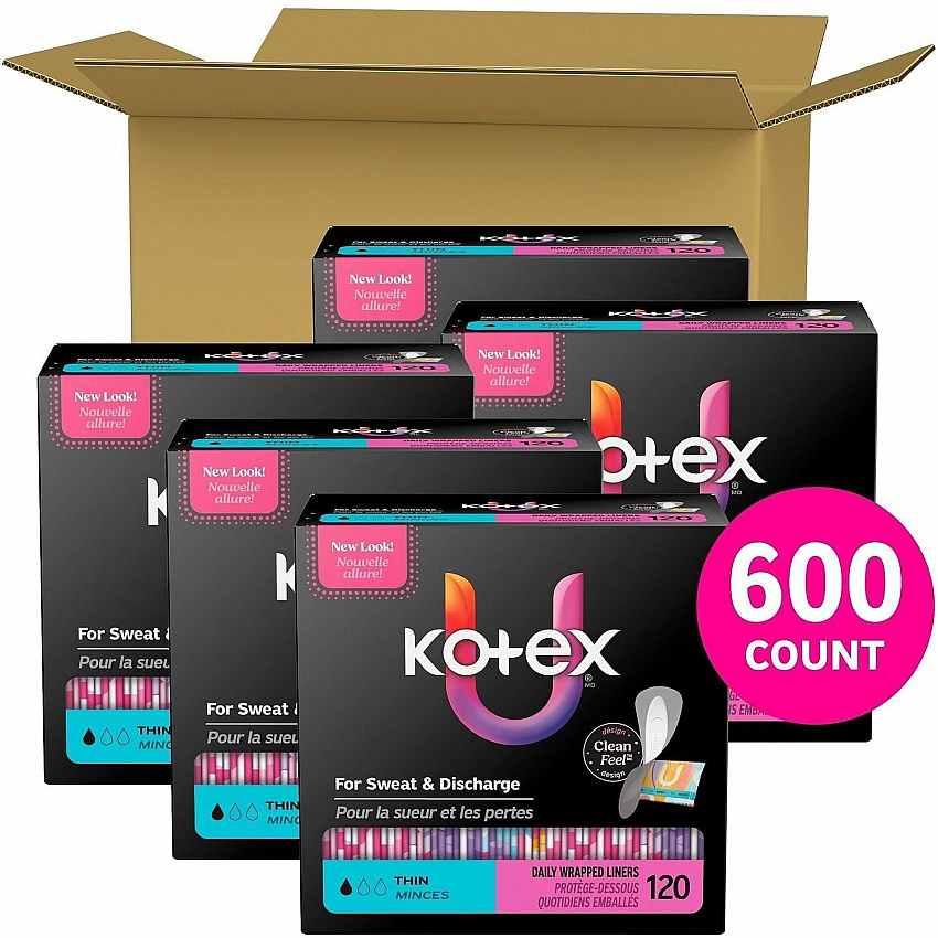 U by Kotex Wrapped Panty Liners Light - Absorbent, Individually Wrapped, Odor-absorbing, Chlorine-free - 120 Liners/Box - 5 / Carton (58311CT)
