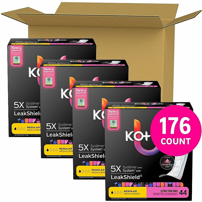 U by Kotex Ultra-Thin Period Pads Regular - Absorbent, Anti-leak, Hypoallergenic, Chlorine-free, Comfortable - 44/Box - 4 / Carton (58246CT)