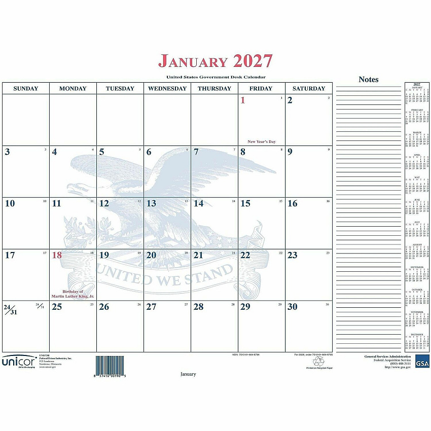 Unicor Blotter Style Monthly Calendar Pad Monthly - 12 Month - January 2027 to January 2028 - 1 Month Single Page Layout - 22" x 18" Sheet Size - Desk, Desk Pad - White - 1 Each (6648794)