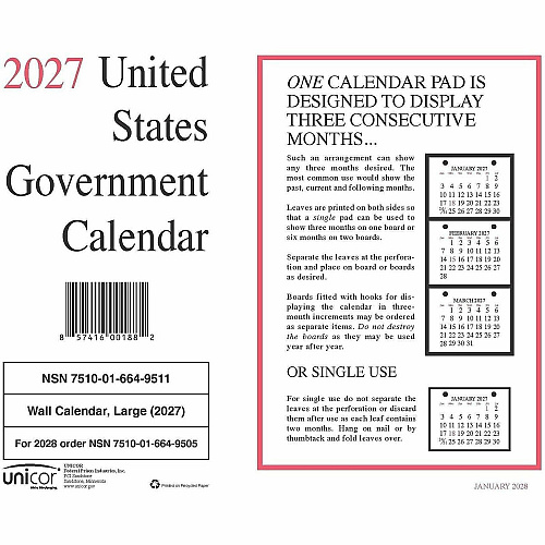 Unicor Monthly Wall Calendar Monthly - January 2027 to January 2028 - Letter - 8 1/2" x 11" Sheet Size - Wall, Board Mount - White - 1" Height x 8.5" Width - 10 / Pack (6649511)