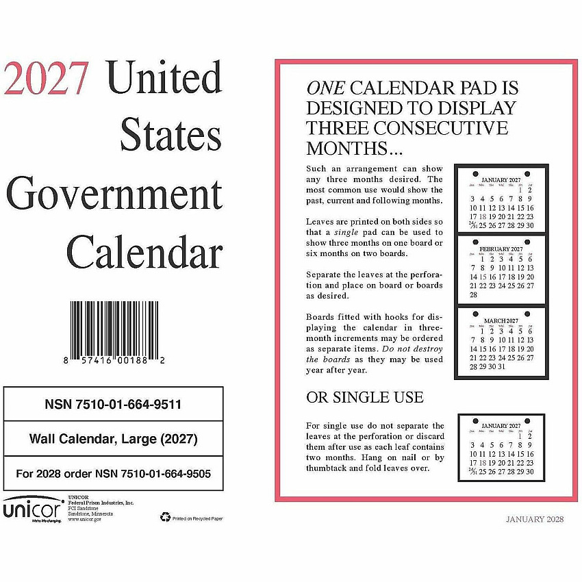 Unicor Monthly Wall Calendar Monthly - January 2027 to January 2028 - Letter - 8 1/2" x 11" Sheet Size - Wall, Board Mount - White - 1" Height x 8.5" Width - 10 / Pack (6649511)