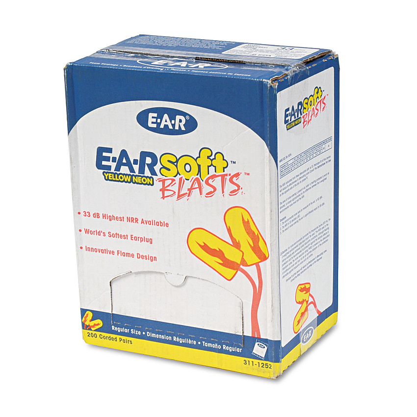 3M E-A-Rsoft Blasts Earplugs, Corded, Foam, Yellow Neon, 200 Pairs (3111252)