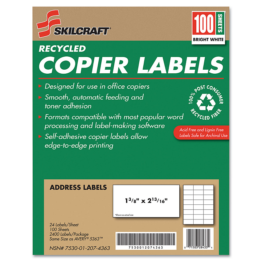 AbilityOne 7530012074363 SKILCRAFT Recycled Copier Labels, Copiers, 1.38 x 2.81, White, 24/Sheet, 100 Sheets/Box