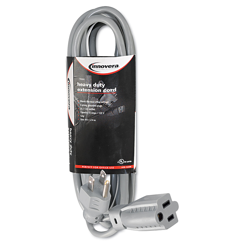 Innovera Indoor Heavy-Duty Extension Cord, 9 ft, 13 A, Gray (IVR72209)