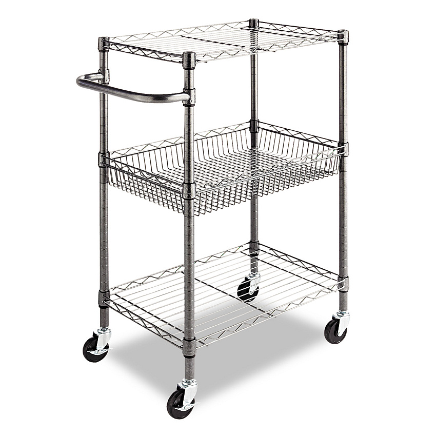 Alera Three-Tier Wire Cart with Basket, 28w x 16d x 39h, Black Anthracite (ALESW342416BA)