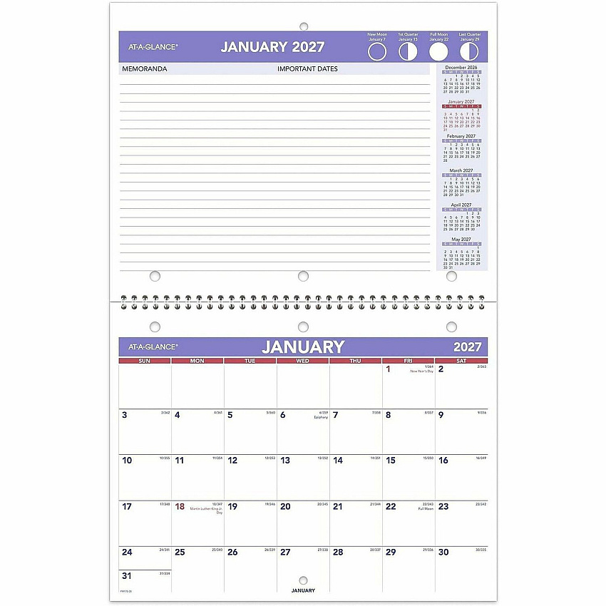 At-A-Glance Desk Wall Calendar Small - Julian Dates - Monthly - 12 Month - January 2027 to December 2027 - 1 Month Single Page Layout - 1 Month Double Page Layout - 11" x 8 1/2" Sheet Size - White Sheet - 1.50" x 1.25" Block - Wire Bound - Deskt (PM17028)