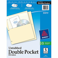 Avery&reg; Untabbed Double Pocket Dividers 11.1" Height x 9.3" Width - 2 x Pockets Capacity - For Letter 8 1/2" x 11" Sheet - Ring Binder - Rectangular - Buff - 5 / Pack (03075)