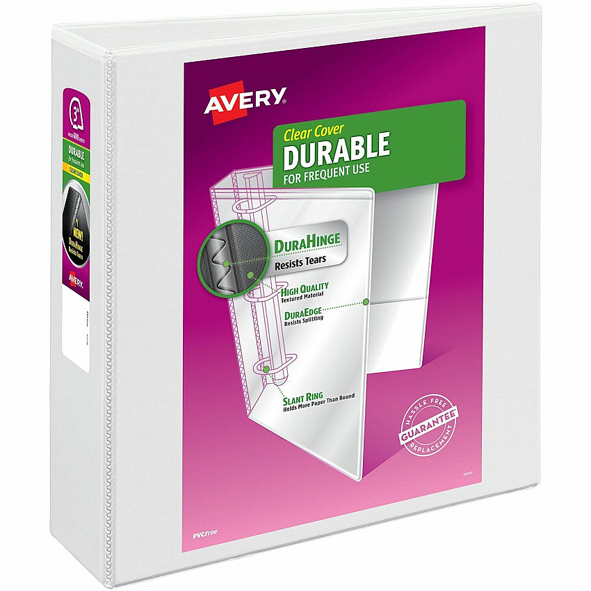 Avery&reg; Durable View Binder - EZD Rings 3" Binder Capacity - Letter - 8 1/2" x 11" Sheet Size - 670 Sheet Capacity - 3 Ring - Fastener: D-Ring - Pocket: 4, Internal - Poly - White - Recycled - Easy Insert Spine, Exposed Rivet, Gap-free Ring, St (09701)