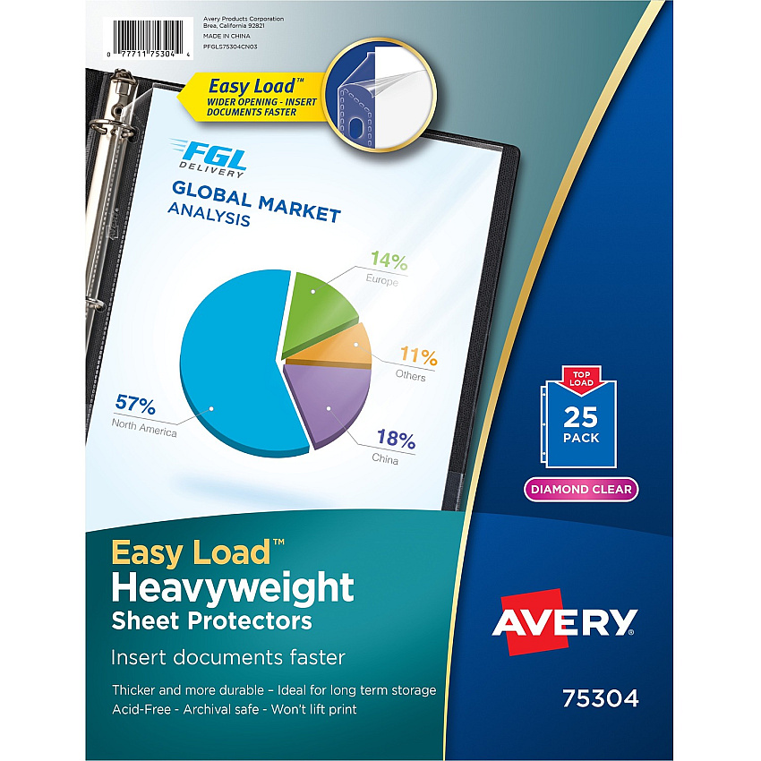 Avery&reg; Heavyweight Sheet Protectors -Acid-free Sheet Capacity - For Letter 8 1/2" x 11" Sheet - Ring Binder - Top Loading - Diamond Clear - Polypropylene - 25 / Pack (75304)
