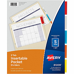 Avery&reg; Insertable 5-Tab Dividers 5 x Divider(s) - 5 Tab(s) - 5 - 5 Tab(s)/Set - 9.3" Divider Width x 11.12" Divider Length - 3 Hole Punched - Buff Paper Divider - Multicolor Paper, Plastic Tab(s) - Recycled - Durable, Reinforced Hole, Hole-pun (81009)