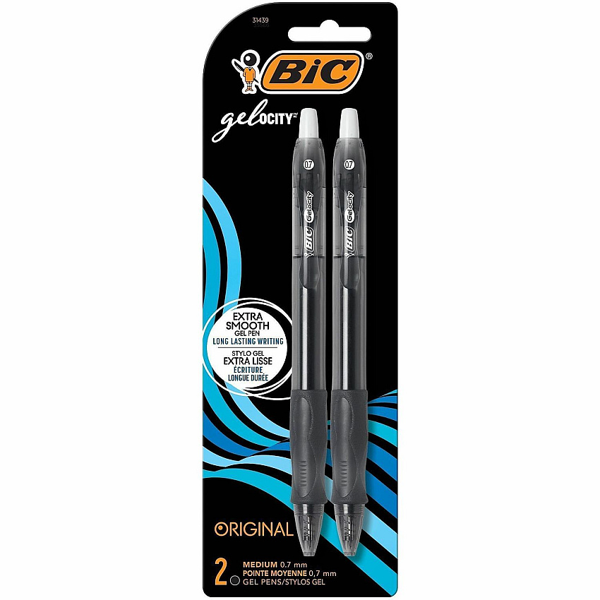 BIC Gel Retractable Pens 0.7 mm Medium Pen Point - Refillable - Retractable - Black Ink - Gel-based - Translucent Barrel - 2 / Pack (RLCP21BK)