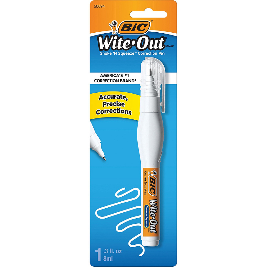 BIC Shake 'n Squeeze Correction Pen, White Tip Applicator - 8 mL - White - Fast-drying, Pocket Clip - 1 Pack (WOSQPP11)