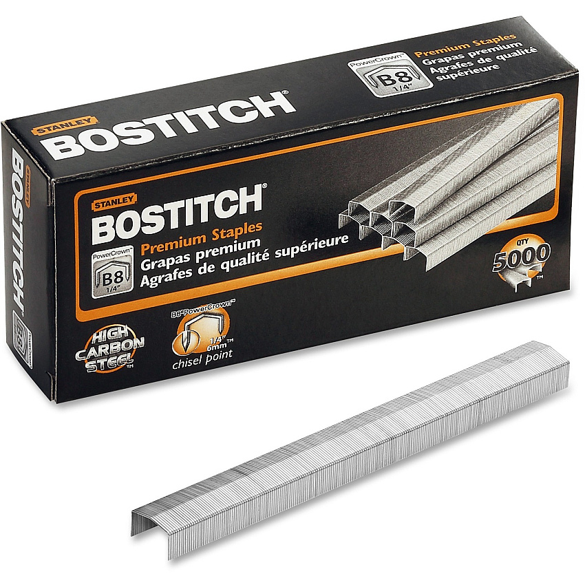 Bostitch PowerCrown Premium Staples 1/4" Leg - 1/2" Crown - Chisel Point - Silver - High Carbon Steel - 1.1" Height x 0.5" Width x 0.3" Length - 210 Per Strip - 5000 / Box (STCR211514)