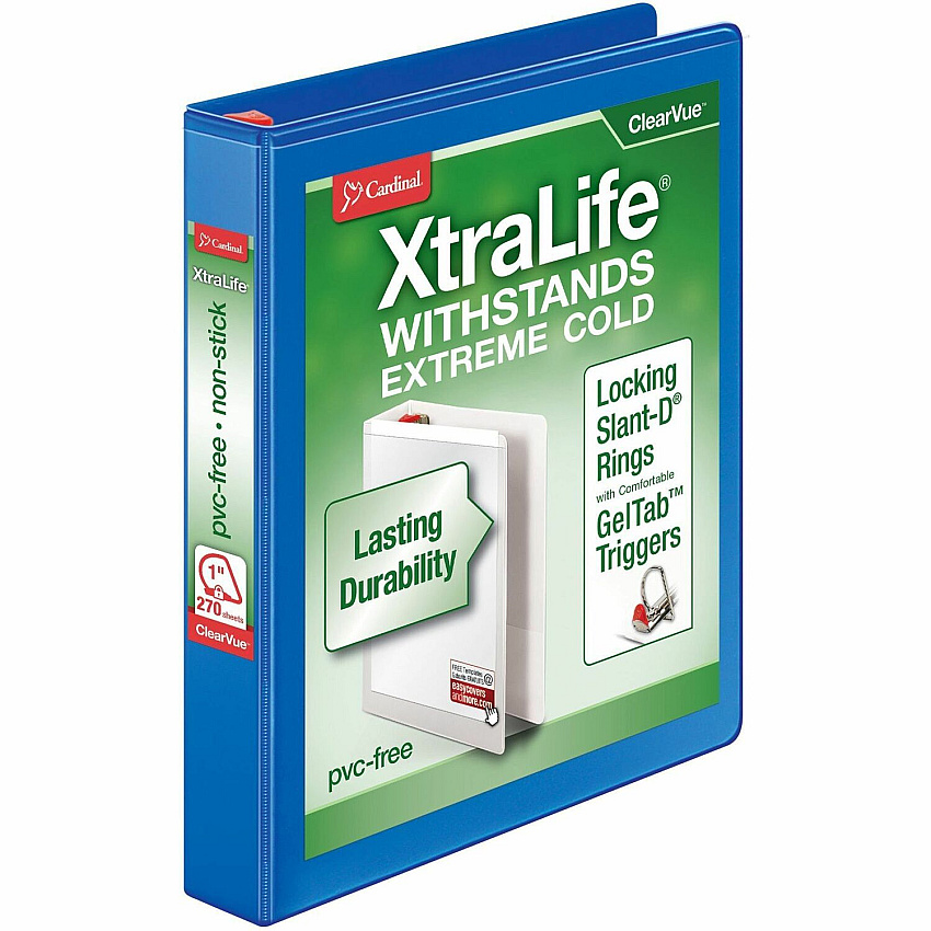 Cardinal&reg; Xtralife ClearVue Locking Slant-D Binder 1" Binder Capacity - Letter - 8 1/2" x 11" Sheet Size - 270 Sheet Capacity - 1" Spine Width - 3 Ring - Fastener: D-Ring - Pocket: 2, Inside Front & Back - Polyolefin - Blue - 14.40 oz - Non-st (26302)