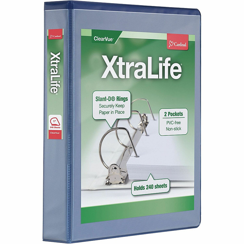 Cardinal&reg; Xtralife ClearVue Locking Slant-D Binder 1 1/2" Binder Capacity - Letter - 8 1/2" x 11" Sheet Size - 375 Sheet Capacity - 1 3/5" Spine Width - 3 Ring - Fastener: D-Ring - Pocket: 2, Inside Front & Back - Polyolefin - Blue - 1.05 lb - (26312)