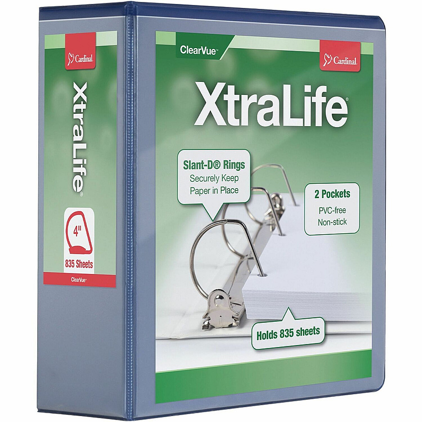 Cardinal&reg; Xtralife ClearVue Locking Slant-D Binder 4" Binder Capacity - Letter - 8 1/2" x 11" Sheet Size - 890 Sheet Capacity - 3 3/5" Spine Width - 3 Ring - Fastener: D-Ring - Pocket: 2, Inside Front & Back - Polyolefin - Blue - 1.80 lb - Non (26342)