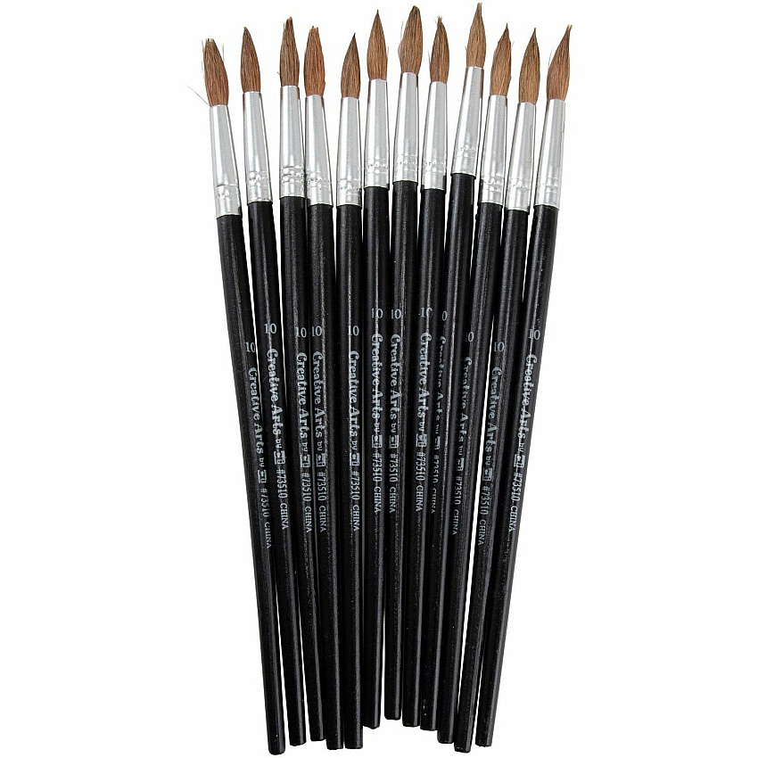Charles Leonard Round Camel Hair Paint Brushes No. 10 - Wood Black Handle - Aluminum Ferrule - 1 Dozen (73510)
