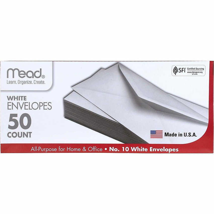 Mead Plain White Envelopes Business - #10 - 4 1/8" Width x 9 1/2" Length - Gummed - White - 50 / Box (75050)