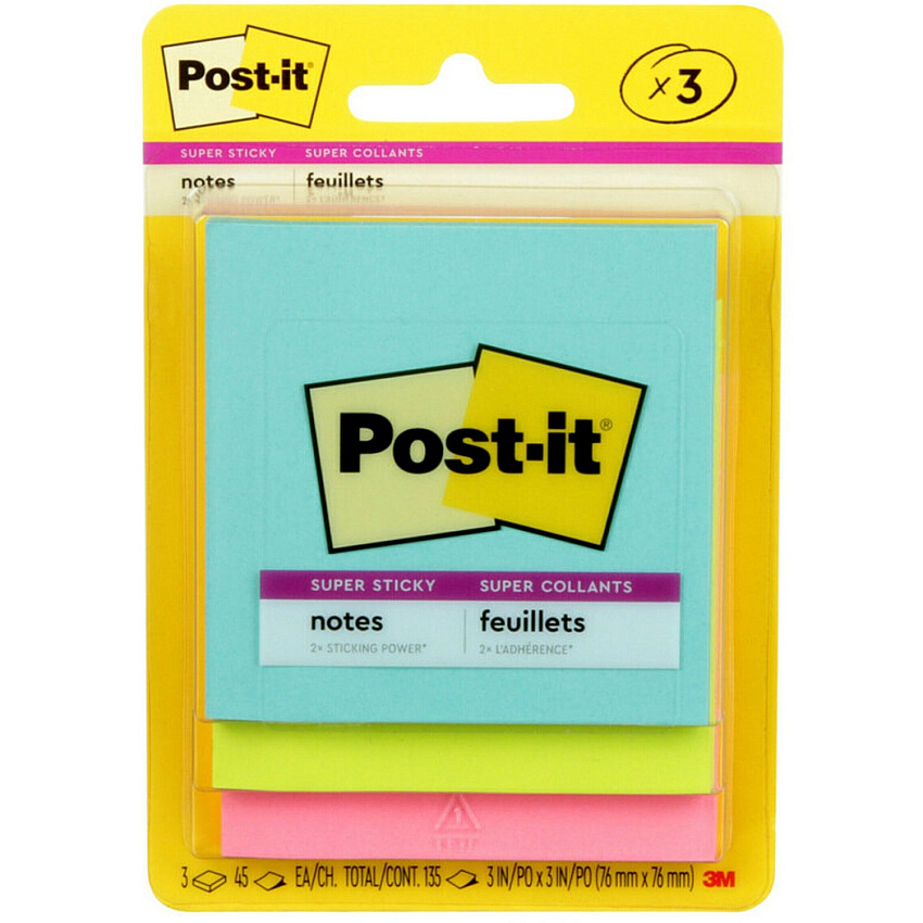 Post-it&reg; Super Sticky Notes - Supernova Neons Color Collection 135 - 3" Flag/Note Width x 3" Flag/Note Length - Square - 45 Sheets per Pad - Unruled - Aqua Splash, Acid Lime, Tropical Pink - Paper - Self-adhesive - 1 Pack (3321SSAN)