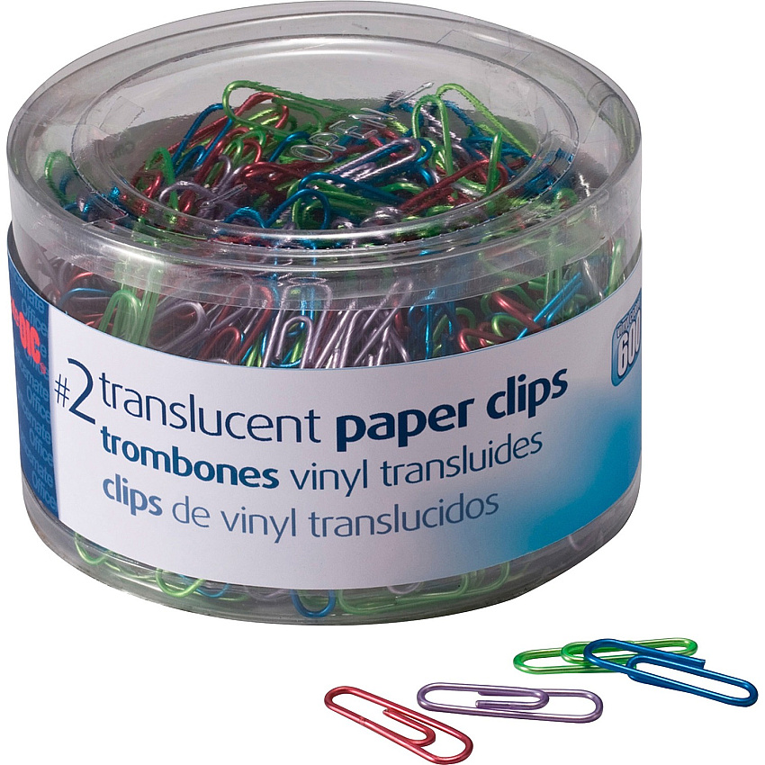 Officemate Translucent Vinyl Paper Clips No. 2 - Blue, Purple, Green, Red, Silver - Vinyl - 600 / Pack (97211)