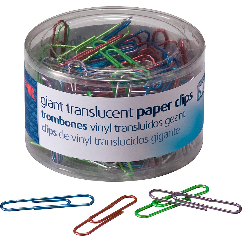 Officemate Translucent Vinyl Paper Clips Jumbo - 2" Length x 0.5" Width - Blue, Red, Green, Silver, Purple - Vinyl - 200 / Pack (97212)