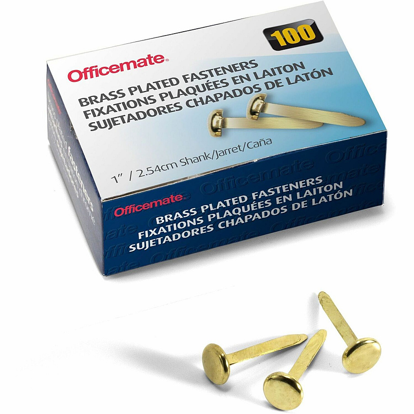 Officemate Round Head Fasteners 1" Shank - 0.37" Head - Brass - 100 / Box (99814)