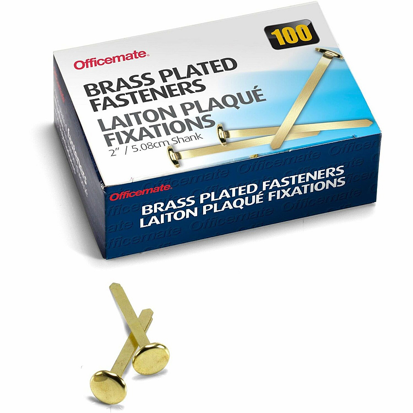 Officemate Round Head Fasteners 2" Shank - 0.50" Head - Brass - 100 / Box (99817)