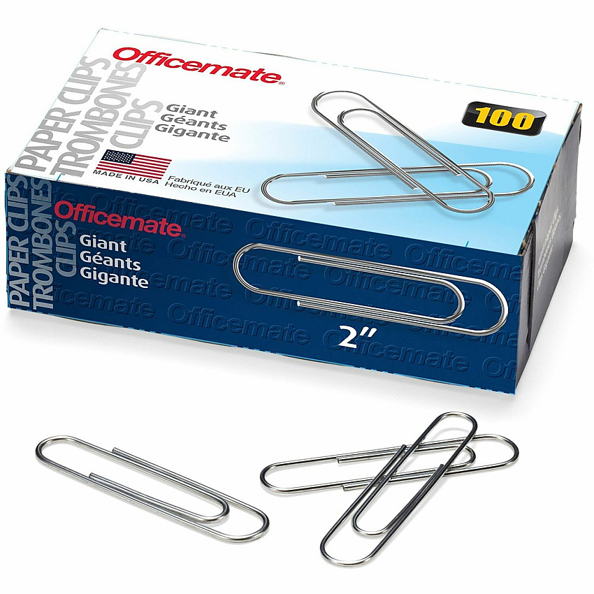 Officemate Giant Paper Clips Jumbo - 2" Length x 0.5" Width - Silver - Steel - 100/Box - 10 / Pack (99914)