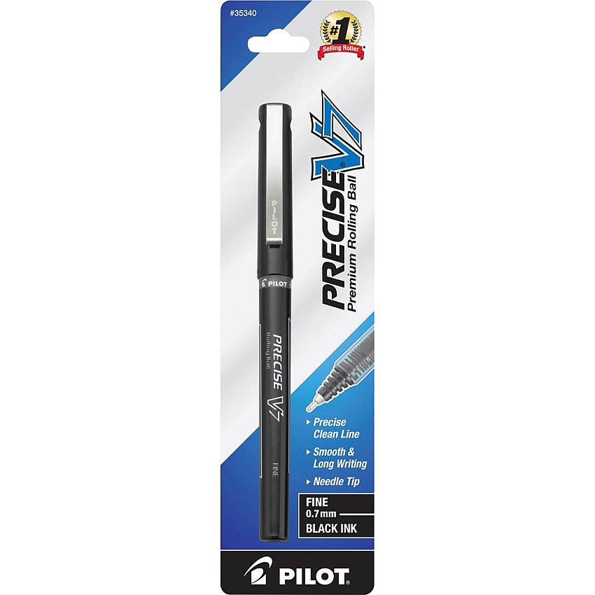 Pilot Precise V7 Fine Premium Capped Rolling Ball Pens 0.7 mm Fine Pen Point - Black Ink - Black Plastic Barrel - 1 Pack (35340)