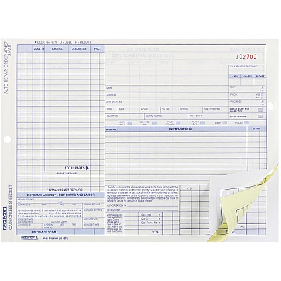 Rediform 3-part Auto Repair Order Forms 3 Part - Carbonless Copy - 11" x 8.50" Sheet Size - Assorted Sheet(s) - Blue Print Color - 1 Pack (4P487)