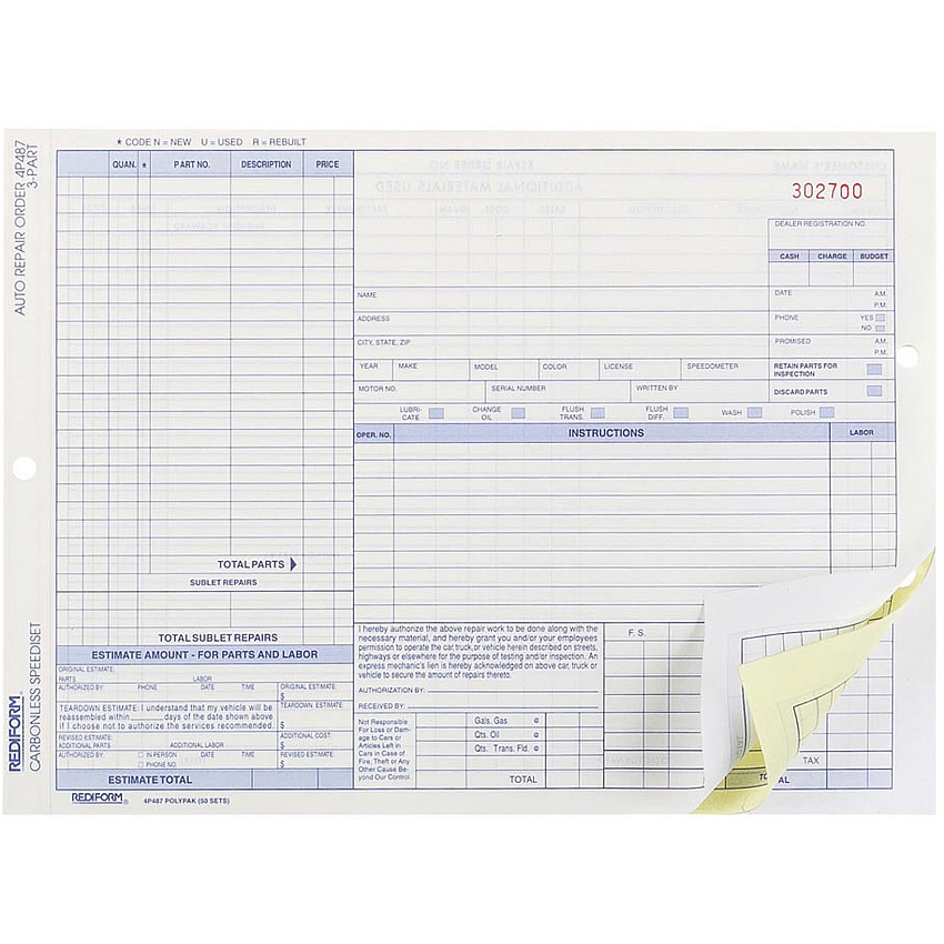Rediform 3-part Auto Repair Order Forms 3 Part - Carbonless Copy - 11" x 8.50" Sheet Size - Assorted Sheet(s) - Blue Print Color - 1 Pack (4P487)