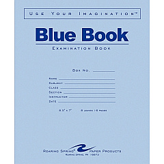 Roaring Spring Blue Book 8-sheet Exam Booklet 8 Sheets - 16 Pages - Stapled/Glued - Red Margin - 15 lb Basis Weight - 7" x 8 1/2" Sheet Size - White Paper - Blue Cover - Flexible Cover - 50 / Pack (77512) Roaring Spring Blue Book 8-sheet Exam Booklet 8 Sheets - 16 Pages - Stapled/Glued - Red Margin - 15 lb Basis Weight - 7" x 8 1/2" Sheet Size - White Paper - Blue Cover - Flexible Cover - 50 / Pack (77512)