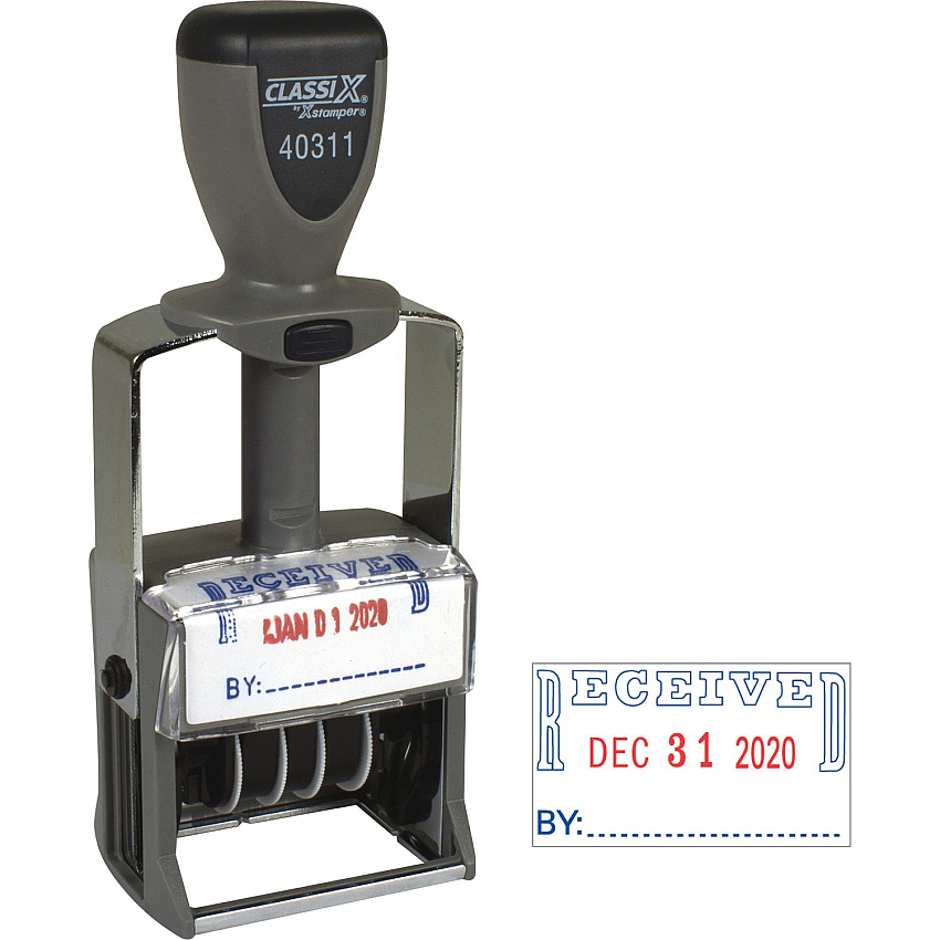 ClassiX by Xstamper Heavy-duty RECEIVED Self-Ink Dater Message/Date Stamp - RECEIVED - Red, Blue - Metal, Plastic Metal - 1 Each (40311)