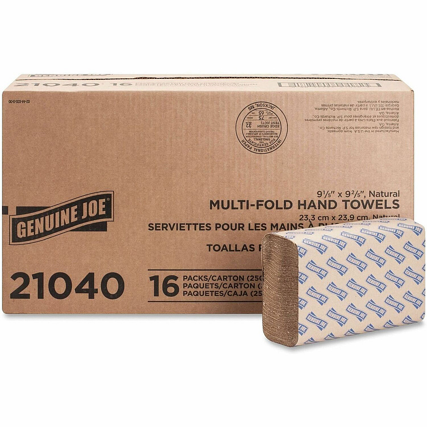 Genuine Joe Paper Towel Multi fold 250 sheets Natural 1 Ply - Multifold - 9.25" Width x 9.40" Length - embossed design - Natural - Paper, Fiber - 250 Sheets/Pack - 16 / Carton (GJO21040)