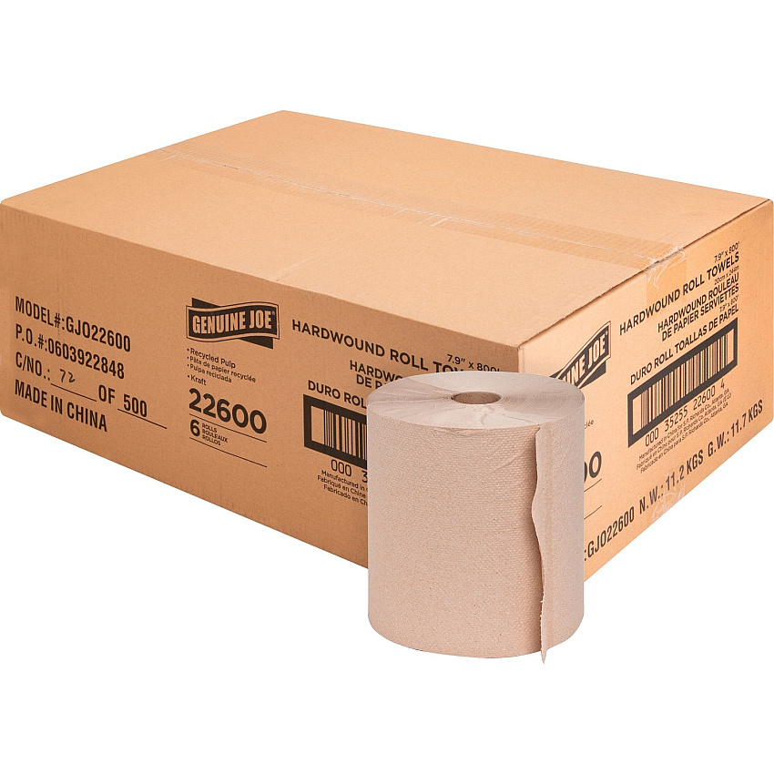 Genuine Joe Embossed Hardwound Roll Towels 7.90" Width x 800 ft Length - 2" Core - Natural - 6 / Carton (GJO22600)