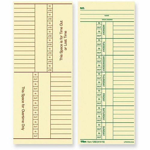 TOPS Named Days/Overtime Time Cards 3.37" x 8.25" Sheet Size - Yellow - Manila Sheet(s) - Green, Red Print Color - 100 / Pack (12603)