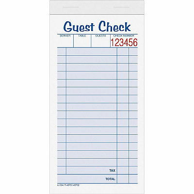 TOPS 2-part Carbonless Guest Check Books 2 Part - 3.37" x 5.50" Sheet Size - Blue, Green, Red Print Color - 10 / Pack (45702)