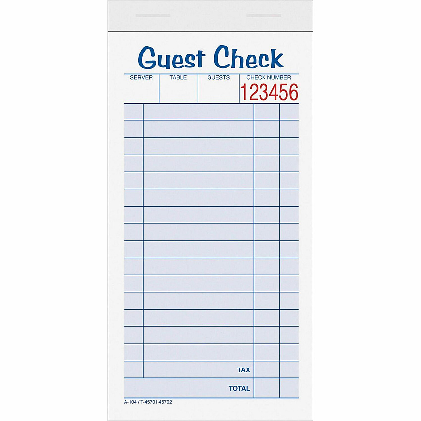 TOPS 2-part Carbonless Guest Check Books 2 Part - 3.37" x 5.50" Sheet Size - Blue, Green, Red Print Color - 10 / Pack (45702)