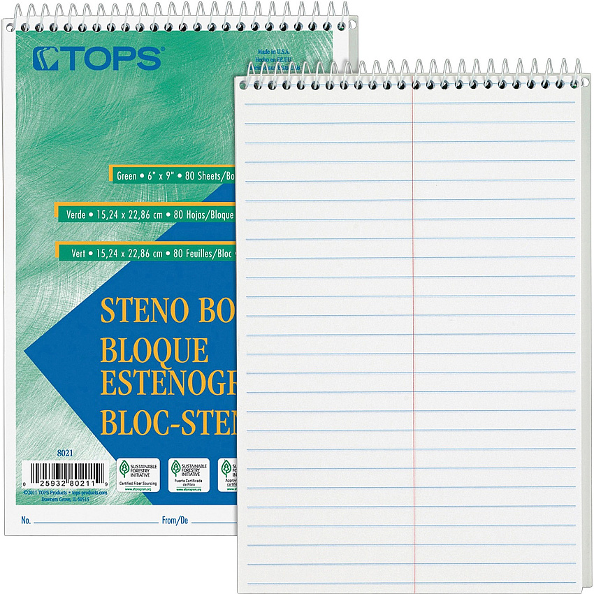 TOPS Steno Books 80 Sheets - Wire Bound - Gregg Ruled Margin - 6" x 9" Sheet Size - White Paper - Hardboard Cover - WireLock - 12 / Pack (8020)