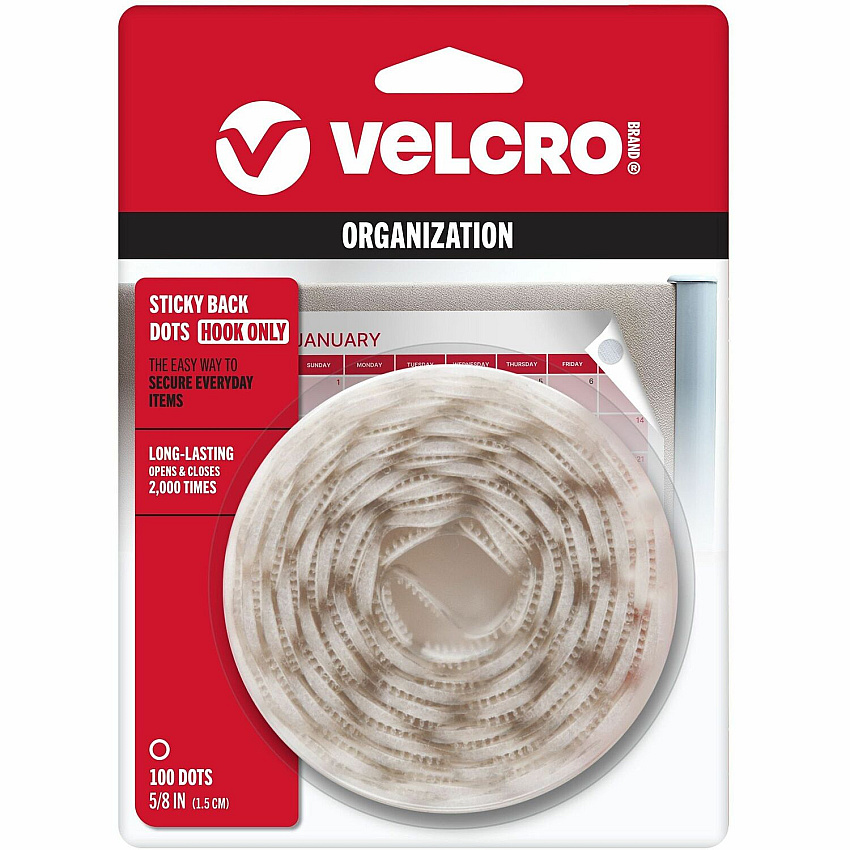 VELCRO&reg; Sticky Back 5/8in Circles White 100 ct 0.63" Diameter - White - For Mounting, Multi Surface, Glass, Tile, Plastic, Metal, School, Office, Home - 100 / Pack (90204)