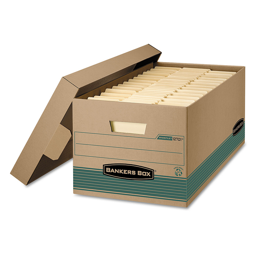 Bankers Box STOR/FILE Medium-Duty 100% Recycled Storage Boxes, Letter Files, 12.88" x 25.38" x 10.25", Kraft/Green, 12/Carton (1270101)