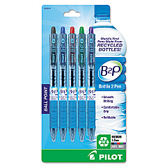 Pilot B2P Bottle-2-Pen Recycled Ballpoint Pen, Retractable, Medium 1 mm, Assorted Ink Colors, Translucent Blue Barrel, 5/Pack (32814)