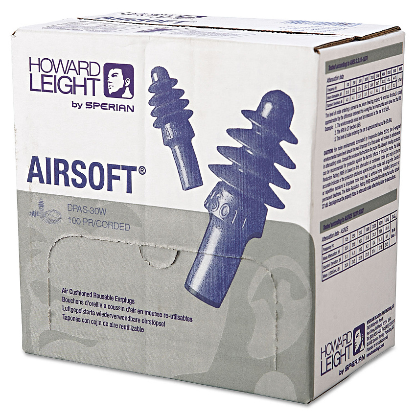 Howard Leight by Honeywell DPAS-30W AirSoft Multiple-Use Earplugs, 27NRR, White Nylon Cord, BE, 100 Pairs