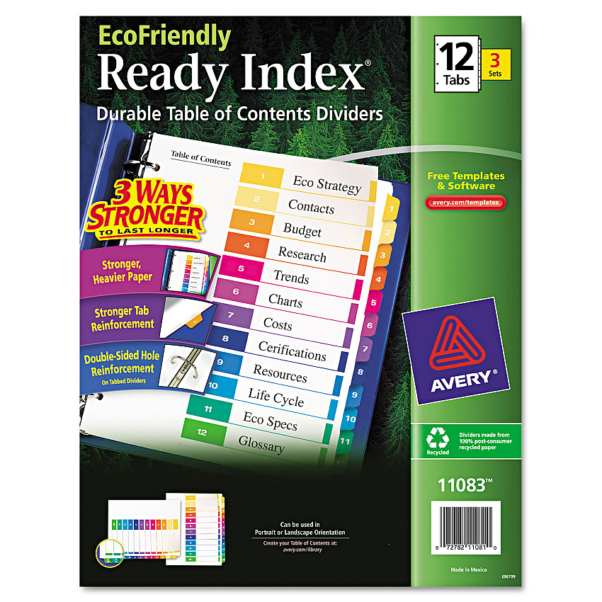 Avery Customizable Table of Contents Ready Index Dividers with Multicolor Tabs, 12-Tab, 1 to 12, 11 x 8.5, White, 3 Sets (11083)