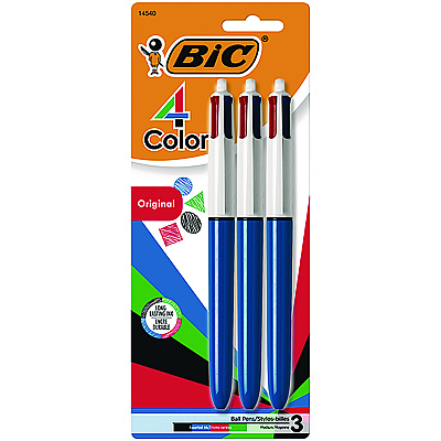 BIC 4-Color Multi-Color Ballpoint Pen, Retractable, Medium 1 mm, Black/Blue/Green/Red Ink, Blue Barrel, 3/Pack (MMP31)