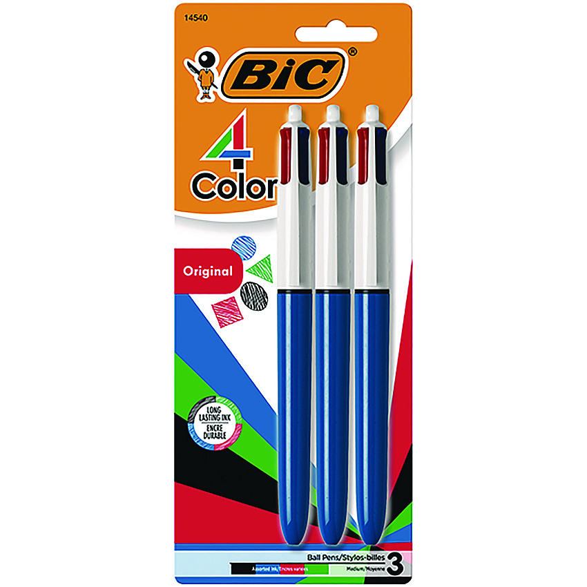 BIC 4-Color Multi-Color Ballpoint Pen, Retractable, Medium 1 mm, Black/Blue/Green/Red Ink, Blue Barrel, 3/Pack (MMP31)