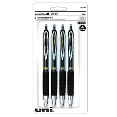 uni-ball Signo 207 Gel Pen, Retractable, Fine 0.5 mm, Black Ink, Smoke/Black Barrel, 4/Pack (61270)