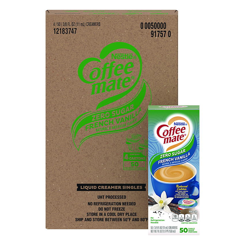 Coffee mate Liquid Coffee Creamer, Sugar-Free French Vanilla, 0.38 oz Mini Cups, 50/Box, 4 Boxes/Carton, 200 Total/Carton (91757CT)